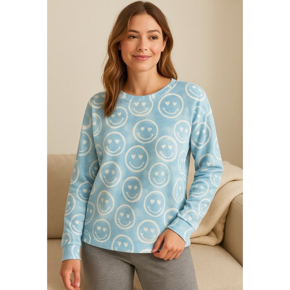 PJ Salvage Pajama Top Womens Small Light Blue Smiley Face Heart Lounge Shirt NWT